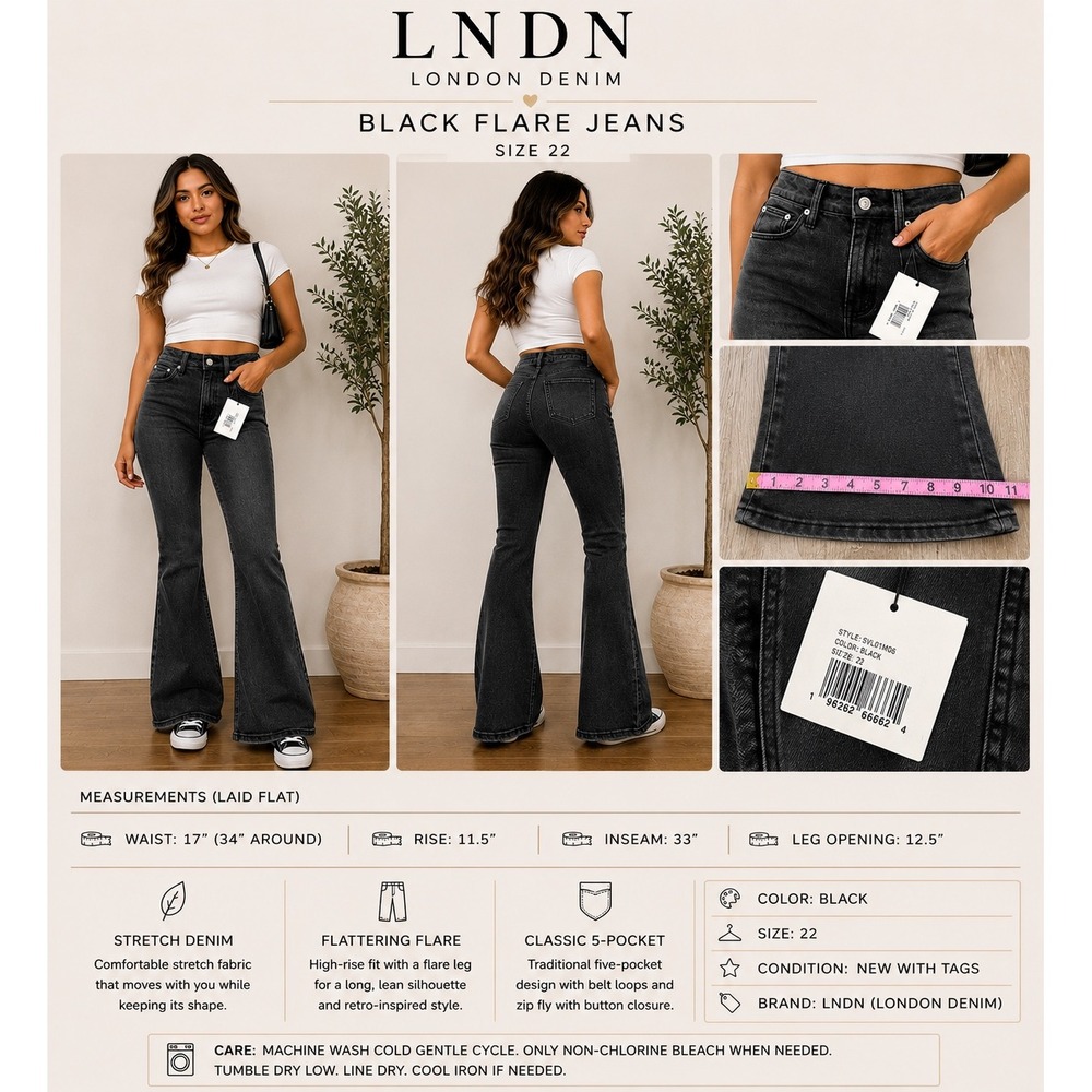 LNDN London Denim Black Flare Jeans High Rise Stretch Size 22 SYL01M06